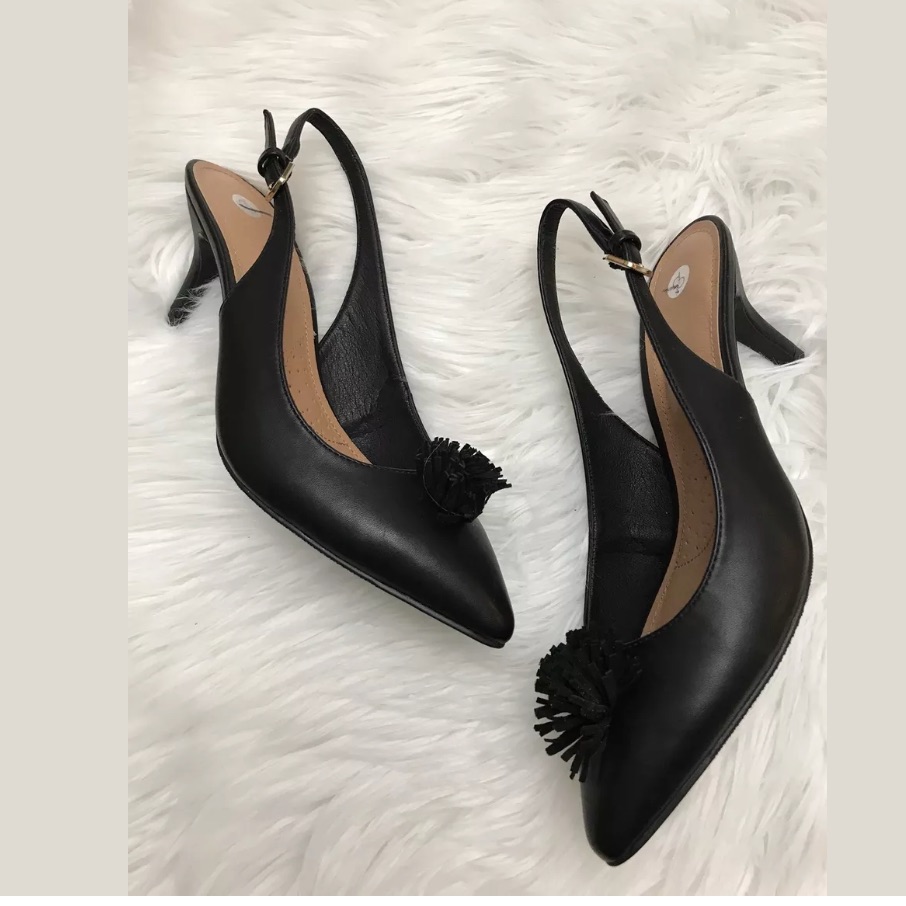 Db Bella Black Sling Back Flower Pom Pom Low Heels